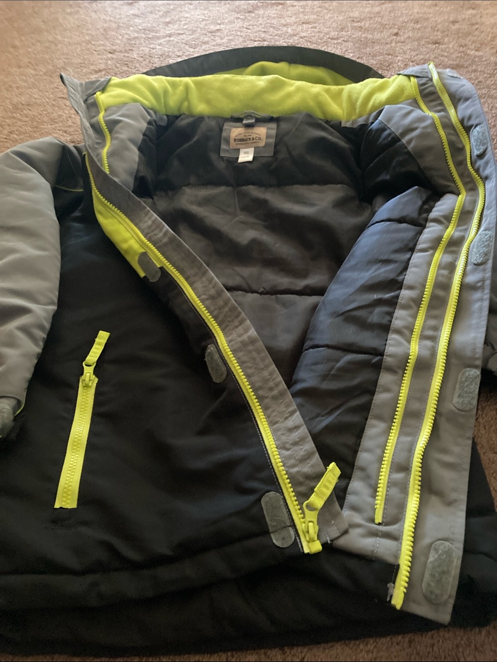 Kids Hooded Puffer Jacket in Gray and Neon Yellow size 14-16
